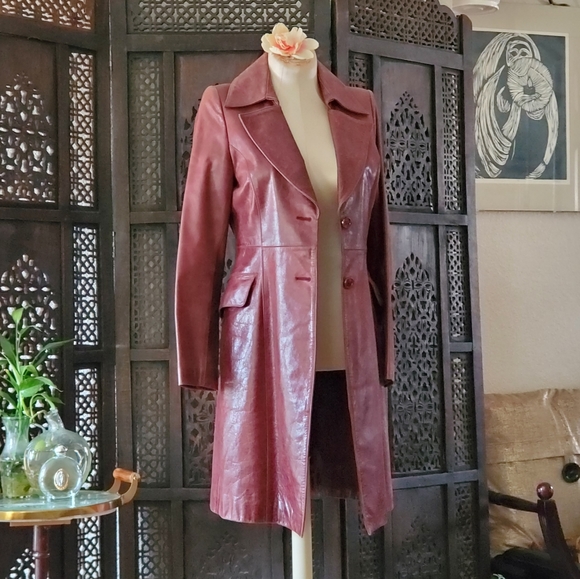 Jackets & Blazers - Vintage Berry colored long leather jacket